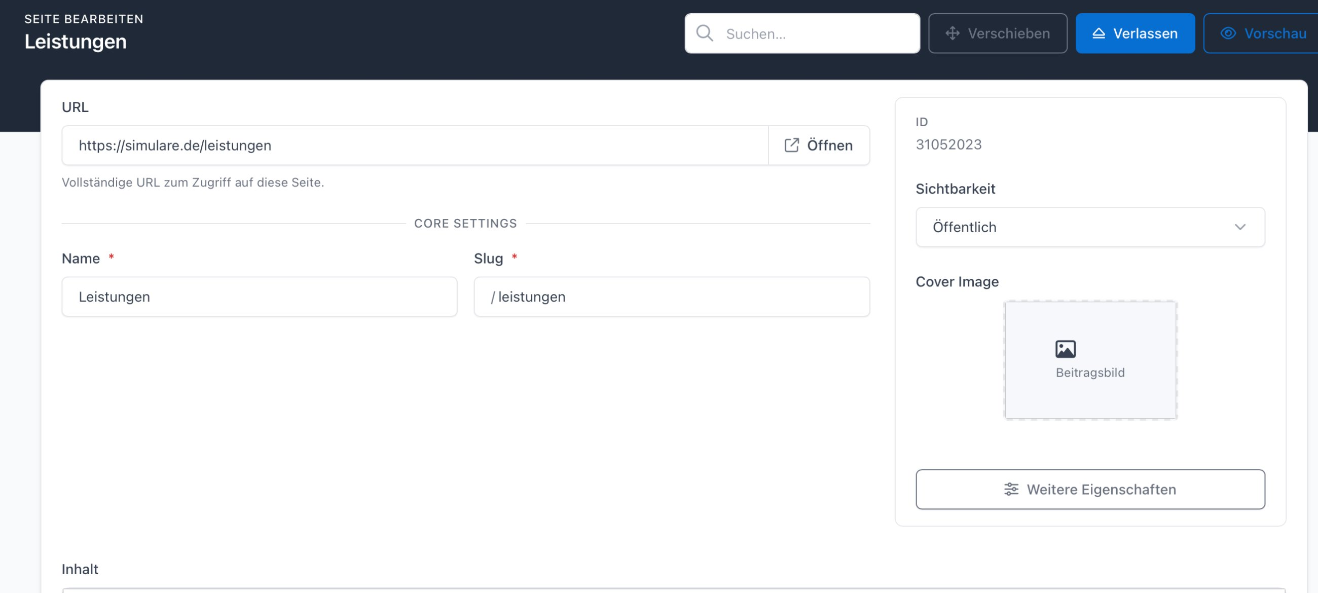Seiteneditor mit URL, Core Settings und der Eigenschaften-Spalte
