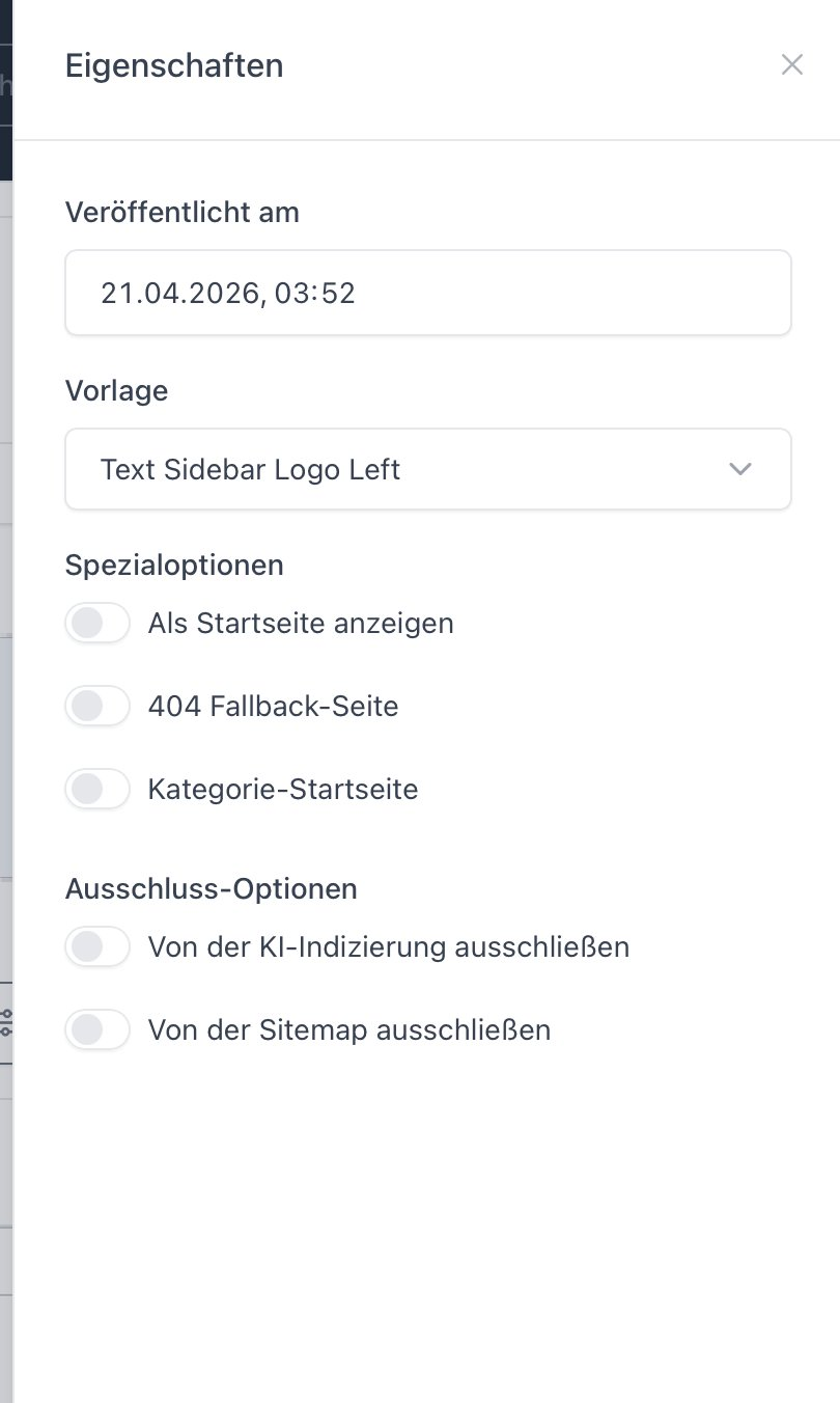 Seitenleiste Eigenschaften mit Veröffentlichungsdatum, Vorlage und Spezialoptionen